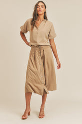 MABLE Short Sleeve Top and Button Down Midi Skirt Set Taupe OutfitFlow