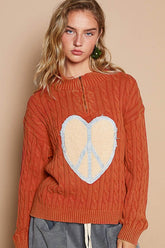 POL Cable-Knit Peace Patch Dropped Shoulder Sweater Orange-Red OutfitFlow
