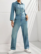 Half Button Long Sleeve Straight Leg Denim Jumpsuit Light OutfitFlow
