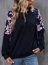 Floral Long Sleeve Round Neck Top Dark Navy OutfitFlow