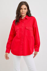 RISEN Button Down Long Sleeve Denim Jacket with Chest Pockets Scarlet OutfitFlow