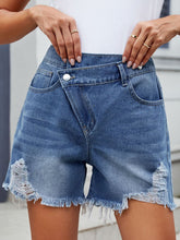 Distressed Raw Hem Asymmetrical Waist Denim Shorts Medium OutfitFlow