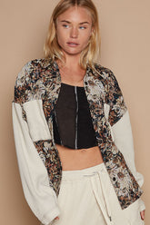 POL Contrast Sleeves Button Down Floral Jacquard Shirt Wood Beige OutfitFlow