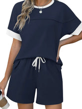 Round Neck Short Sleeve Top and Shorts Set Dark Blue OutfitFlow