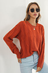 Round Neck Long Sleeve Sweater Rust OutfitFlow