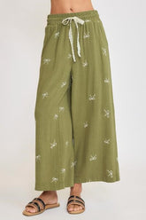 Umgee Full Size Lace Drawstring Embroidered Bow Wide Leg Pants Plus Size Yellow-Green OutfitFlow
