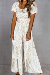 Smocked Printed Short Sleeve Jumpsuit White OutfitFlow