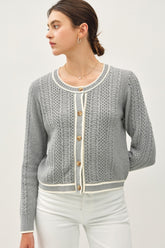 Be Cool Cable Knit Long Sleeve Contrast Edge Cardigan Gray OutfitFlow