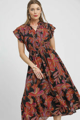 Umgee Mix Ruffle Sleeve Tropical Midi Dress BLACK MIX OutfitFlow