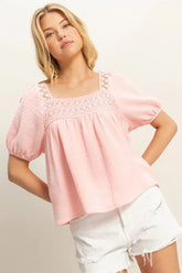 HYFVE Crochet Detail Puff Sleeve Peasant Top BABY PINK OutfitFlow