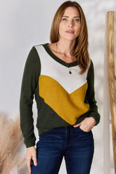 Hailey & Co Full Size Colorblock V-Neck Blouse Olive OutfitFlow
