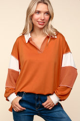 Haptics Color Block Exposed Seam Long Sleeve Top Rust OutfitFlow