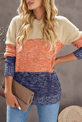 Color Block Round Neck Long Sleeve Sweater Sherbet OutfitFlow