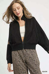 Umgee Zipper Up Cropped Jacket with Leopard Trim Black OutfitFlow