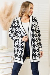 Woven Right Houndstooth Open Front Longline Cardigan Black OutfitFlow