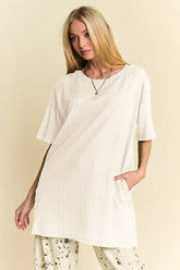 Davi & Dani Short Sleeve Side Slit T-Shirt with Pockets White OutfitFlow
