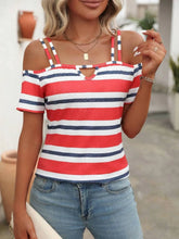 Striped Cold Shoulder T-Shirt Red OutfitFlow