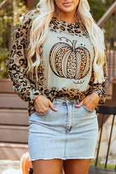 Pumpkin Graphic Leopard Round Neck Long Sleeve Sweatshirt Leopard OutfitFlow
