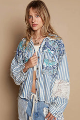 POL Printed Woven Mix Raw Hem Jacket with Lace Detail Light Blue OutfitFlow