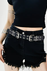 PU Leather Two Row Eyelet Belt Black One Size OutfitFlow
