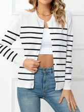 Striped Round Neck Button Up Cardigan White OutfitFlow