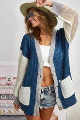 BiBi Color Block Sweater Cardigan with Button Closure NAVY IVORY OutfitFlow