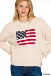 Zenana American Flag Crew Neck Sweater LT BEIGE OutfitFlow