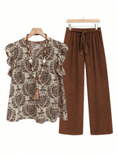 Printed Ruffled Cap Sleeve Top and Pants Set Brown OutfitFlow