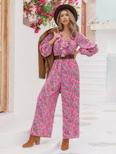 Printed Ruffled V-Neck Balloon Sleeve Jumpsuit Hot Pink OutfitFlow