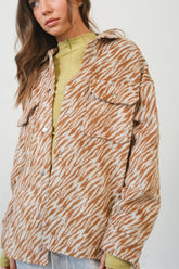 HYFVE Zebra Print Snap Down Long Sleeve Jacket Camel OutfitFlow