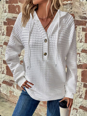 Full Size Texture Button Detail Drawstring Long Sleeve Hoodie OutfitFlow