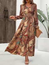 Smocked Printed V-Neck Flounce Sleeve Dress Caramel OutfitFlow