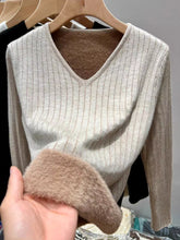 V-Neck Fleece Lined Ribbed Knit Top Khaki OutfitFlow