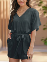 V-Neck Half Sleeve Tie Waist Romper Black OutfitFlow