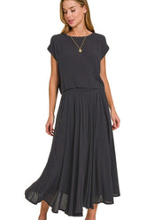 Zenana Woven Crinkle Gauze Crop Tee and Skirt Set BLACK OutfitFlow