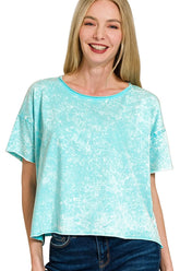 Zenana Washed Crew Neck Short Sleeve Crop Box Tee MINT SKY OutfitFlow