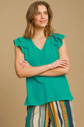 Umgee Full Size V-Neck Double Layered Ruffle Sleeve Blouse Plus Size Turquoise OutfitFlow