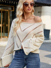 Openwork Boat Neck Long Sleeve Sweater Beige OutfitFlow