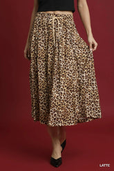 Umgee Drawstring Leopard Midi Skirt LATTE OutfitFlow