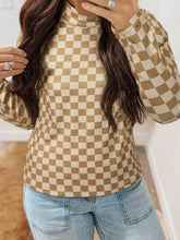 Check Pattern Turtleneck Slim Long Sleeve Tee Tan OutfitFlow
