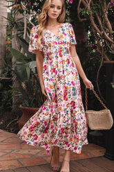 Floral Short Sleeve V Neck Dress with Pockets Floral OutfitFlow