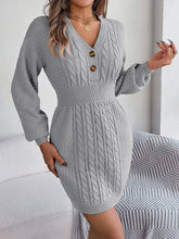Buttoned Cable-Knit V-Neck Sweater Dress Charcoal OutfitFlow