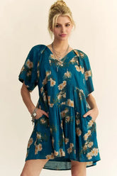 Davi & Dani Floral Print Short Bell Sleeve Pleated Mini Dress Teal Blue OutfitFlow