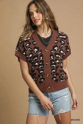 Umgee Leopard Button Down Short Sleeve Cardigan Brown OutfitFlow