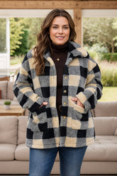 Plus Size Plaid Button Up Long Sleeve Coat Camel OutfitFlow