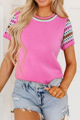 Contrast Short Sleeves Round Neck Sweater Fuchsia Pink OutfitFlow