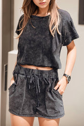 Heathered Round Neck Top and Shorts Lounge Set Black OutfitFlow