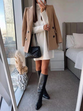 Lapel Collar Double-Breasted Blazer Khaki OutfitFlow