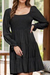 Square Neck Flounce Sleeve Dress Black OutfitFlow