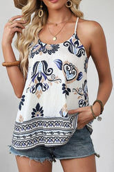 Bohemian Fashion Print Spaghetti Straps Loose Tank White OutfitFlow